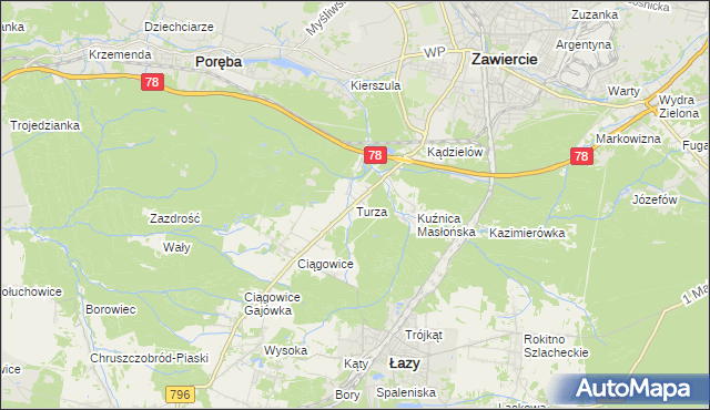 mapa Turza gmina Łazy, Turza gmina Łazy na mapie Targeo