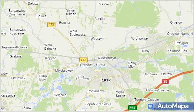 mapa Wiewiórczyn gmina Łask, Wiewiórczyn gmina Łask na mapie Targeo