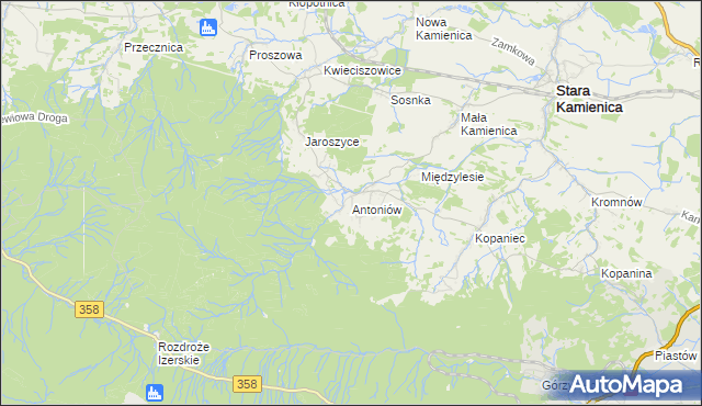 mapa Antoniów gmina Stara Kamienica, Antoniów gmina Stara Kamienica na mapie Targeo