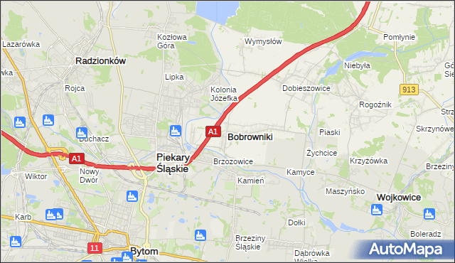 mapa Bobrowniki powiat będziński, Bobrowniki powiat będziński na mapie Targeo