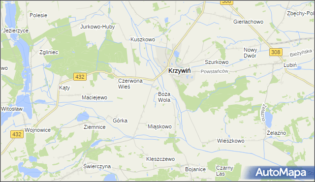 mapa Boża Wola gmina Krzywiń, Boża Wola gmina Krzywiń na mapie Targeo