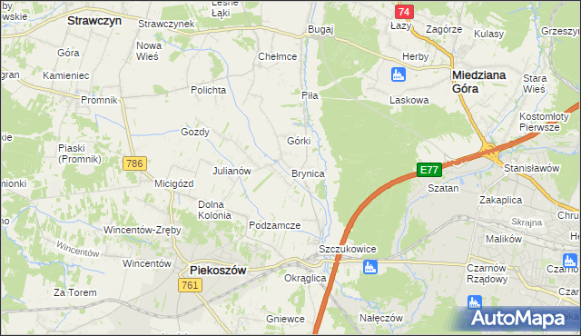 mapa Brynica gmina Piekoszów, Brynica gmina Piekoszów na mapie Targeo