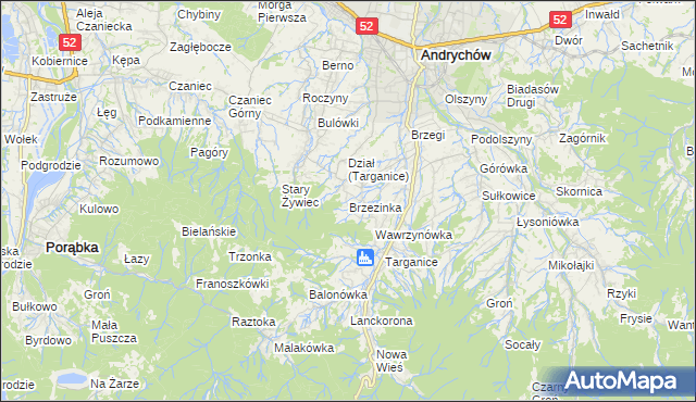 mapa Brzezinka gmina Andrychów, Brzezinka gmina Andrychów na mapie Targeo