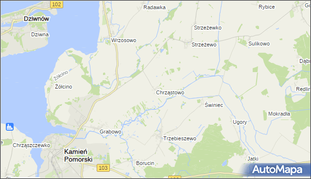 mapa Chrząstowo gmina Kamień Pomorski, Chrząstowo gmina Kamień Pomorski na mapie Targeo