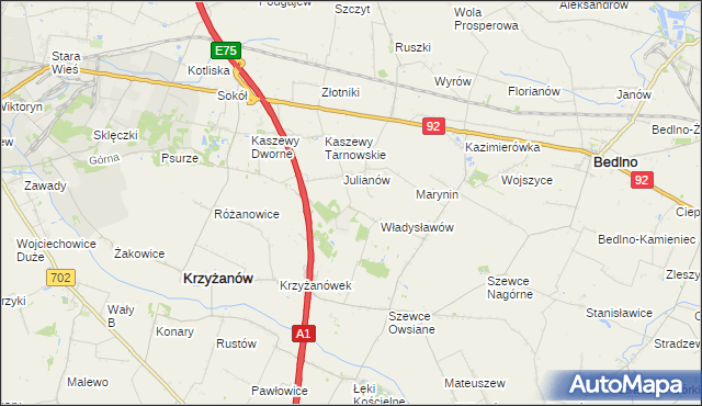 mapa Daninów gmina Krzyżanów, Daninów gmina Krzyżanów na mapie Targeo