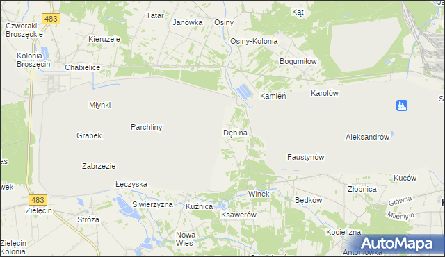 mapa Dębina gmina Kleszczów, Dębina gmina Kleszczów na mapie Targeo