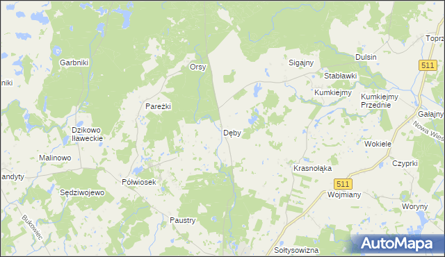 mapa Dęby gmina Górowo Iławeckie, Dęby gmina Górowo Iławeckie na mapie Targeo