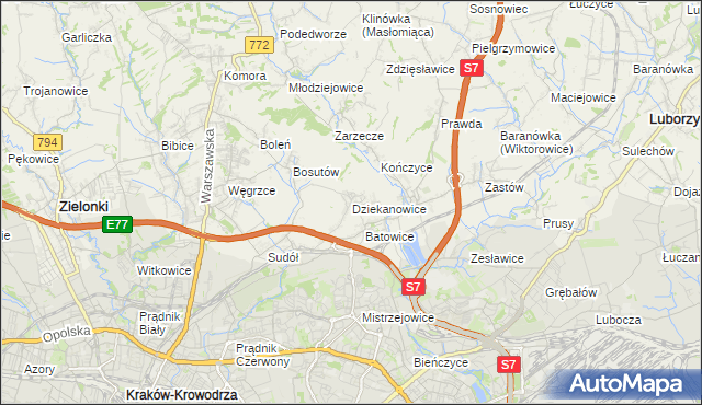 mapa Dziekanowice gmina Zielonki, Dziekanowice gmina Zielonki na mapie Targeo