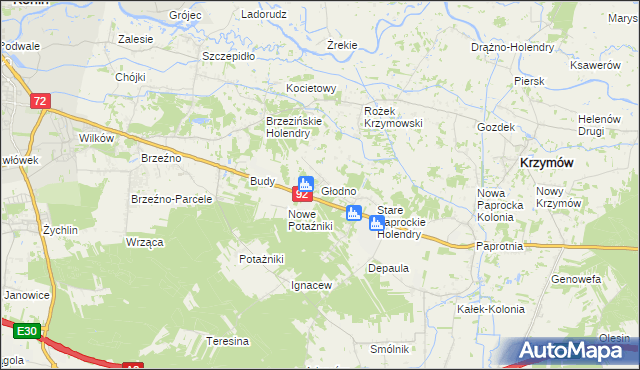 mapa Głodno gmina Krzymów, Głodno gmina Krzymów na mapie Targeo