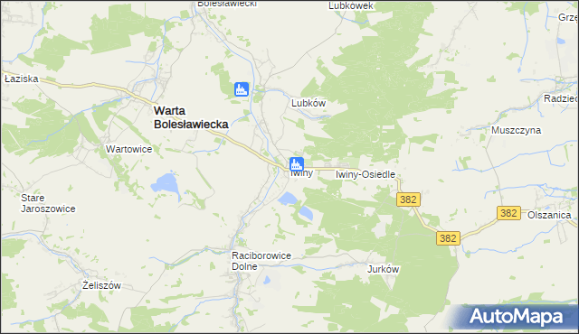 mapa Iwiny gmina Warta Bolesławiecka, Iwiny gmina Warta Bolesławiecka na mapie Targeo