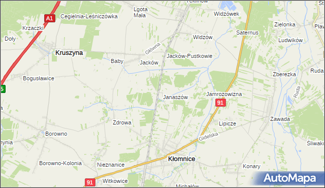 mapa Janaszów gmina Kłomnice, Janaszów gmina Kłomnice na mapie Targeo