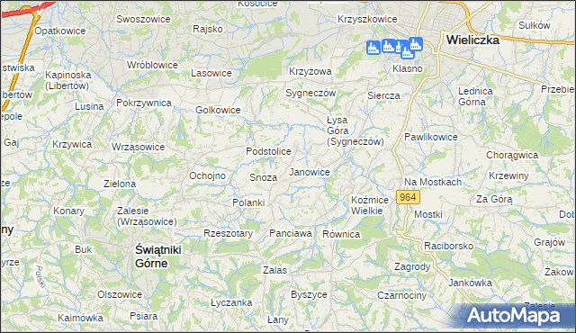 mapa Janowice gmina Wieliczka, Janowice gmina Wieliczka na mapie Targeo