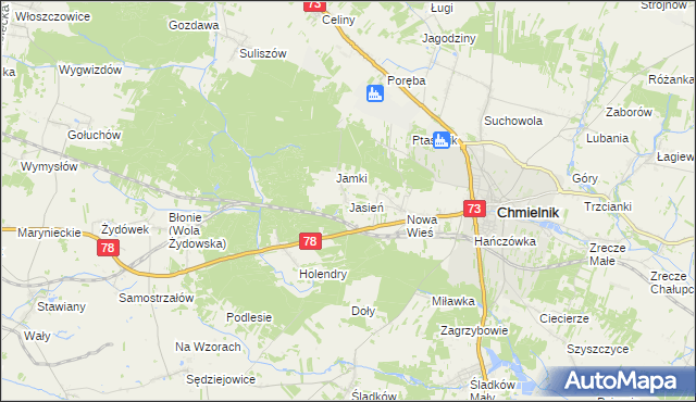 mapa Jasień gmina Chmielnik, Jasień gmina Chmielnik na mapie Targeo