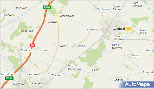 mapa Jasień gmina Czempiń, Jasień gmina Czempiń na mapie Targeo