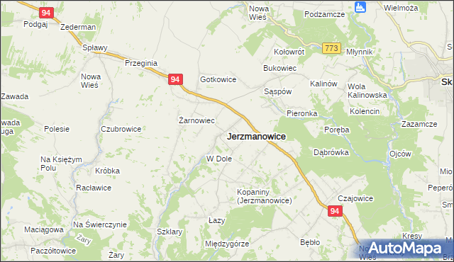 mapa Jerzmanowice gmina Jerzmanowice-Przeginia, Jerzmanowice gmina Jerzmanowice-Przeginia na mapie Targeo