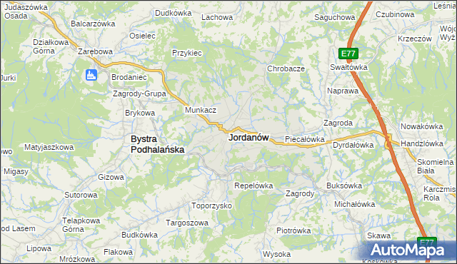 mapa Jordanów powiat suski, Jordanów powiat suski na mapie Targeo