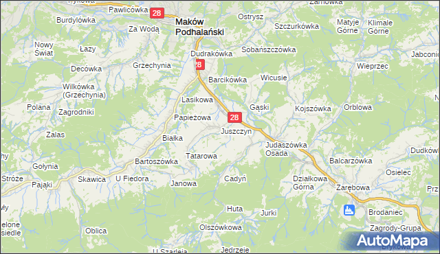 mapa Juszczyn gmina Maków Podhalański, Juszczyn gmina Maków Podhalański na mapie Targeo
