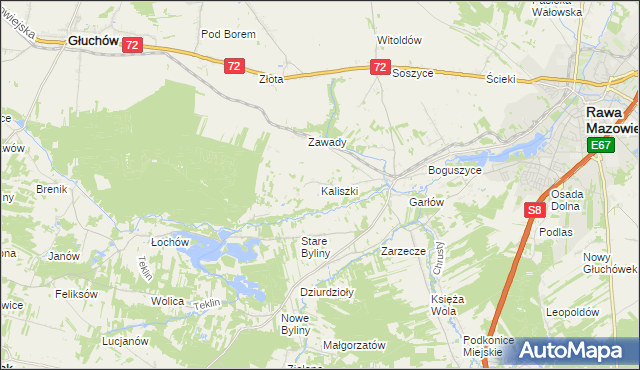 mapa Kaliszki gmina Rawa Mazowiecka, Kaliszki gmina Rawa Mazowiecka na mapie Targeo