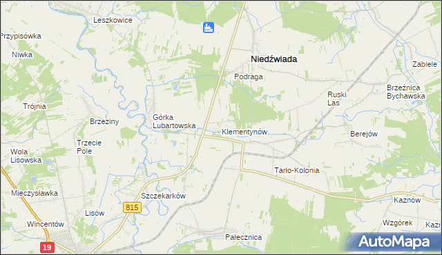 mapa Klementynów gmina Niedźwiada, Klementynów gmina Niedźwiada na mapie Targeo