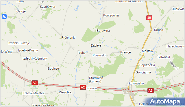 mapa Kożuszki gmina Międzyrzec Podlaski, Kożuszki gmina Międzyrzec Podlaski na mapie Targeo