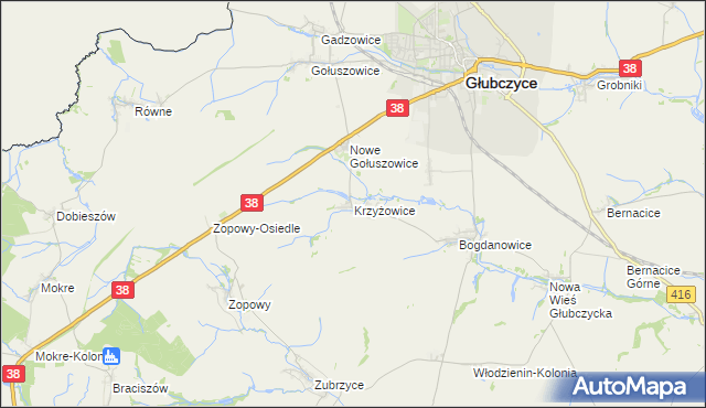 mapa Krzyżowice gmina Głubczyce, Krzyżowice gmina Głubczyce na mapie Targeo