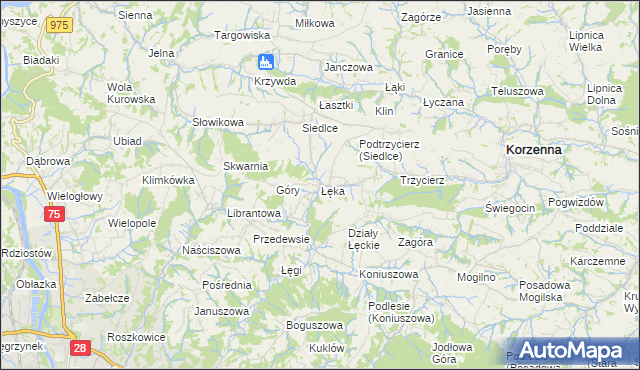 mapa Łęka gmina Korzenna, Łęka gmina Korzenna na mapie Targeo