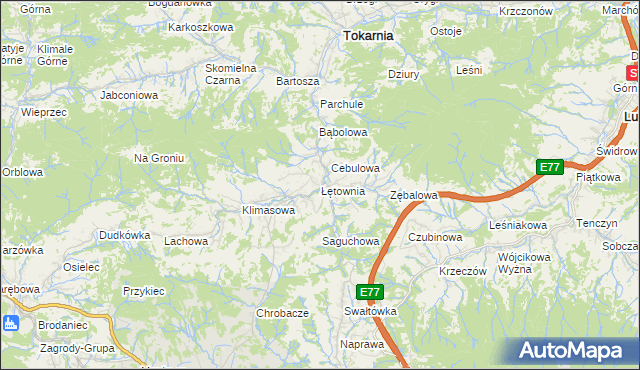 mapa Łętownia gmina Jordanów, Łętownia gmina Jordanów na mapie Targeo