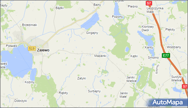 mapa Mazanki gmina Zalewo, Mazanki gmina Zalewo na mapie Targeo