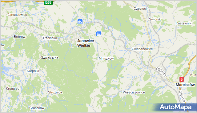 mapa Mniszków gmina Janowice Wielkie, Mniszków gmina Janowice Wielkie na mapie Targeo