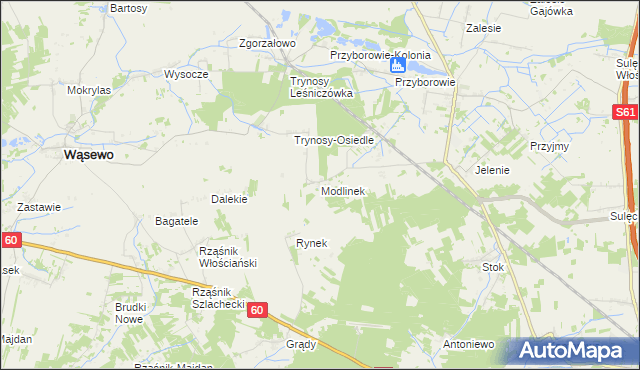 mapa Modlinek gmina Wąsewo, Modlinek gmina Wąsewo na mapie Targeo