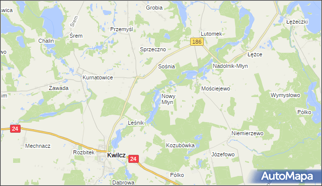 mapa Nowy Młyn gmina Kwilcz, Nowy Młyn gmina Kwilcz na mapie Targeo