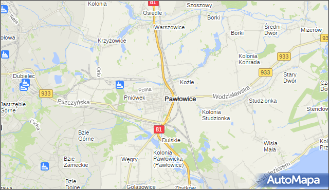 mapa Pawłowice powiat pszczyński, Pawłowice powiat pszczyński na mapie Targeo