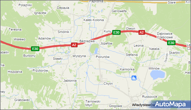 mapa Piorunów gmina Władysławów, Piorunów gmina Władysławów na mapie Targeo