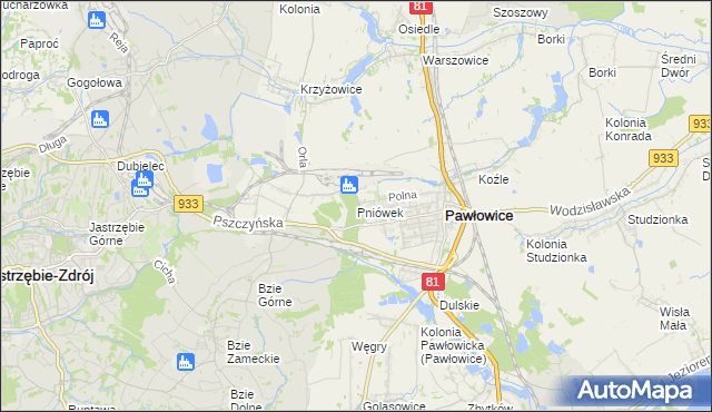 mapa Pniówek gmina Pawłowice, Pniówek gmina Pawłowice na mapie Targeo
