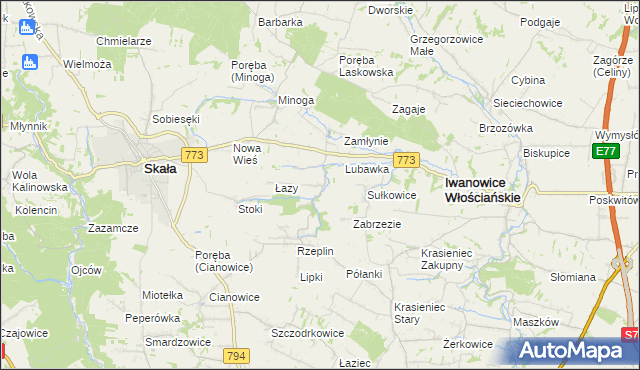 mapa Przybysławice gmina Skała, Przybysławice gmina Skała na mapie Targeo