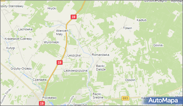 mapa Romanówka gmina Siemiatycze, Romanówka gmina Siemiatycze na mapie Targeo