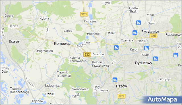 mapa Rzuchów gmina Kornowac, Rzuchów gmina Kornowac na mapie Targeo