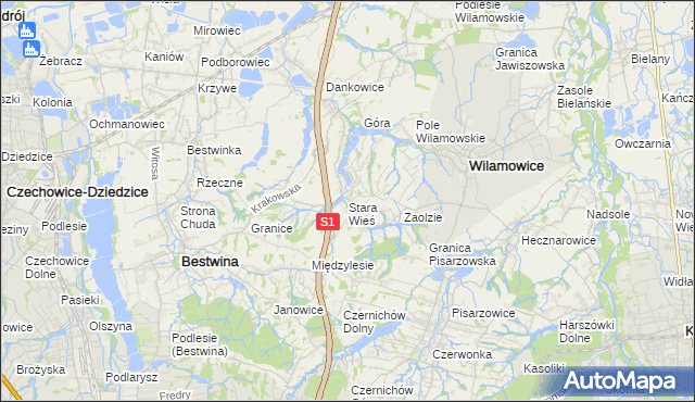 mapa Stara Wieś gmina Wilamowice, Stara Wieś gmina Wilamowice na mapie Targeo