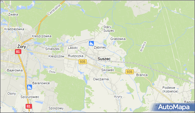 mapa Suszec powiat pszczyński, Suszec powiat pszczyński na mapie Targeo