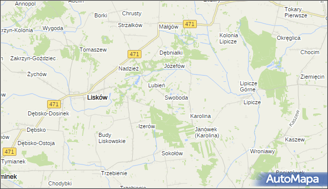 mapa Swoboda gmina Lisków, Swoboda gmina Lisków na mapie Targeo