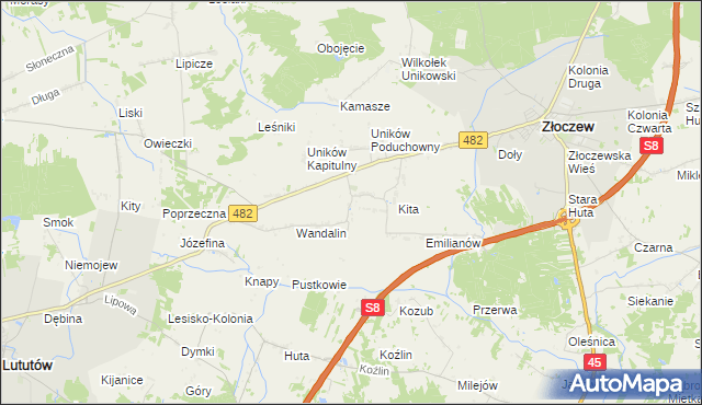 mapa Uników gmina Złoczew, Uników gmina Złoczew na mapie Targeo