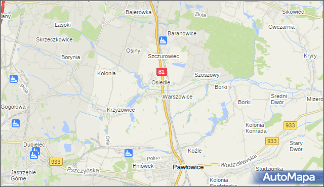 mapa Warszowice, Warszowice na mapie Targeo