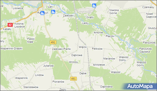 mapa Więcki gmina Popów, Więcki gmina Popów na mapie Targeo