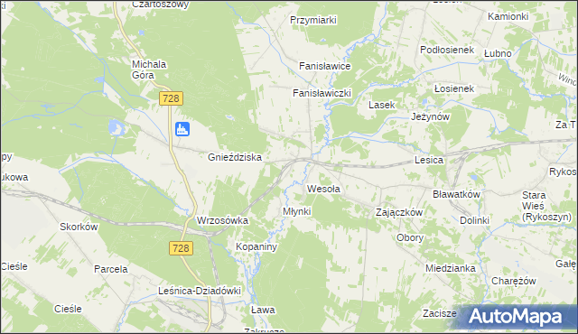 mapa Wierna Rzeka, Wierna Rzeka na mapie Targeo