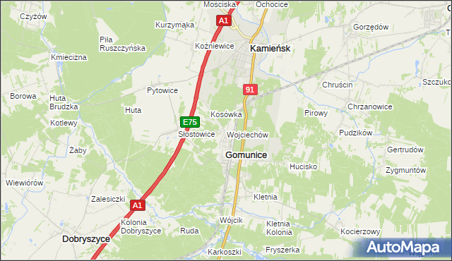 mapa Wojciechów gmina Gomunice, Wojciechów gmina Gomunice na mapie Targeo