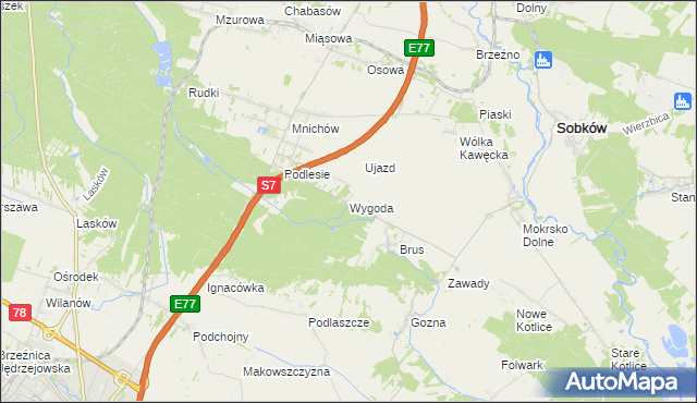 mapa Wygoda gmina Jędrzejów, Wygoda gmina Jędrzejów na mapie Targeo