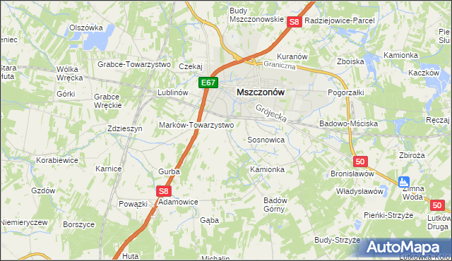 mapa Wymysłów gmina Mszczonów, Wymysłów gmina Mszczonów na mapie Targeo