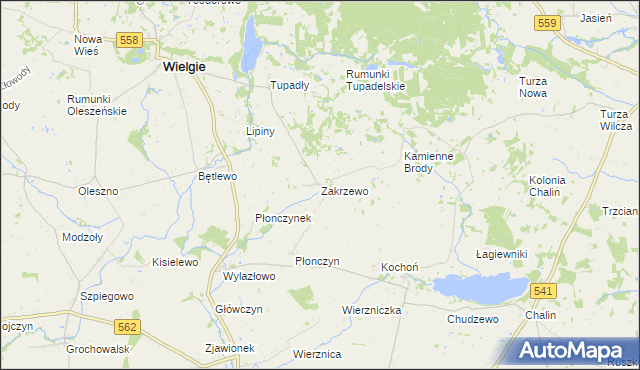mapa Zakrzewo gmina Wielgie, Zakrzewo gmina Wielgie na mapie Targeo