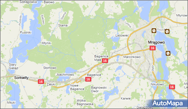 mapa Bagienice Małe gmina Mrągowo, Bagienice Małe gmina Mrągowo na mapie Targeo