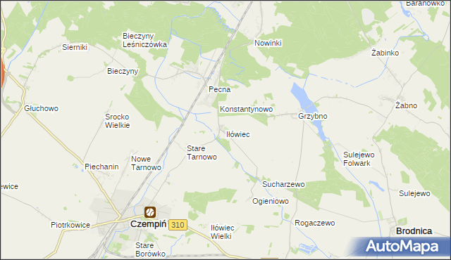 mapa Iłówiec gmina Brodnica, Iłówiec gmina Brodnica na mapie Targeo